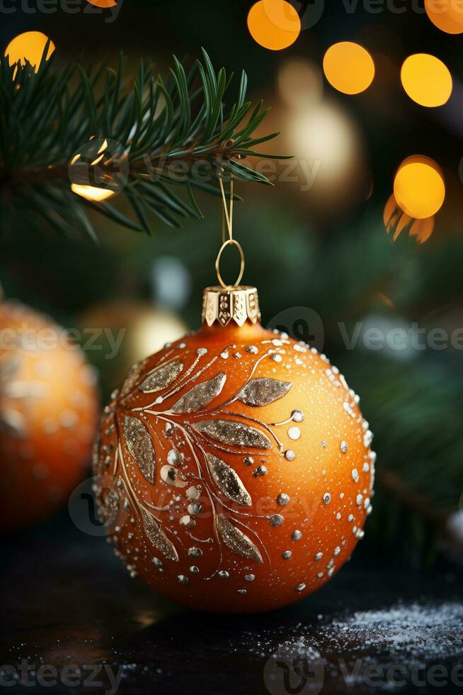 Ball on the tree Christmas decorated for celebrated holiday. Paper for gift boxes prepared for holiday celebrations. photo