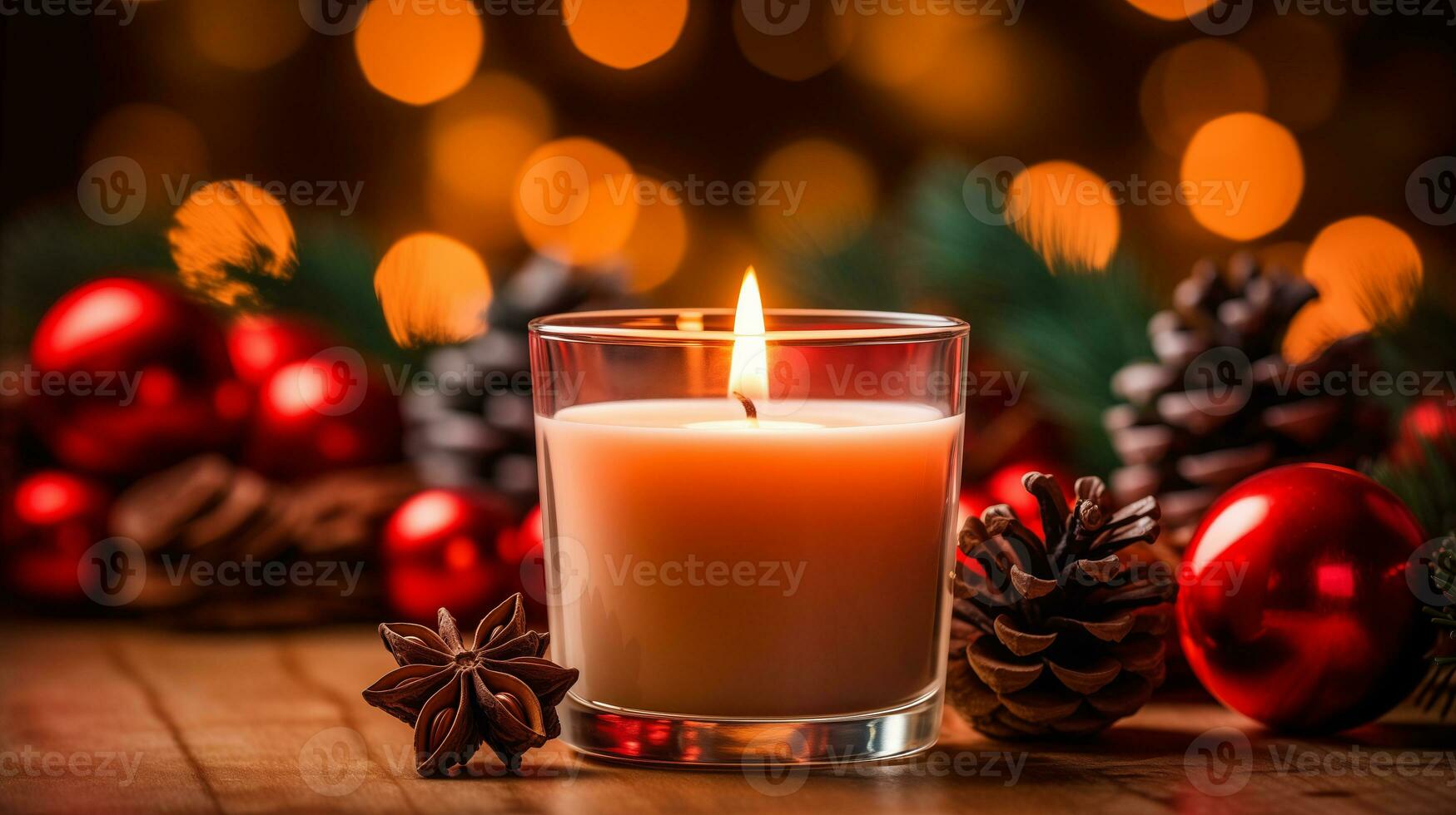 Christmas candles and ball decorations light the background. Paper for gift boxes prepared for holiday celebrations. photo