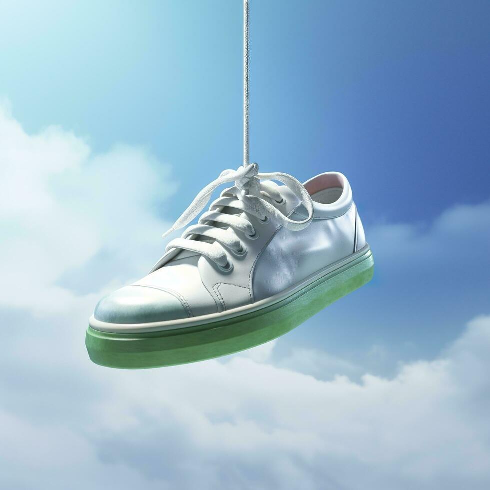 A white, blue, and green casual shoe is suspended in the air, in the style of hazy, dreamlike quality, AI Generative photo