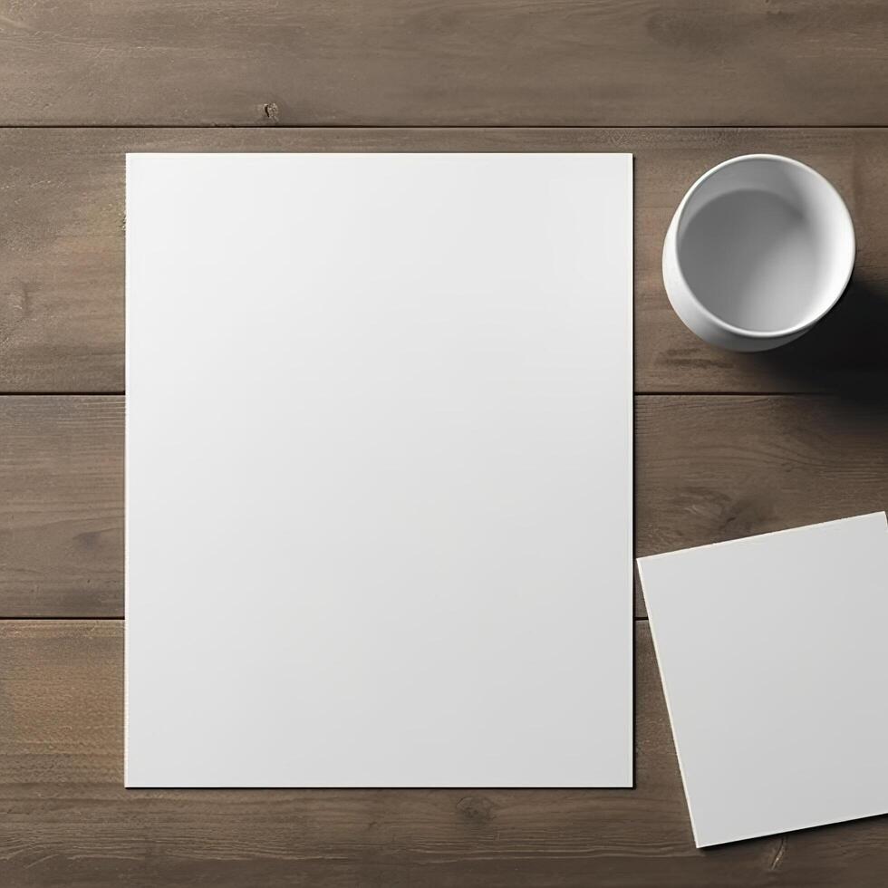 Blank White Paper Sheet on wooden table background. Generative AI photo