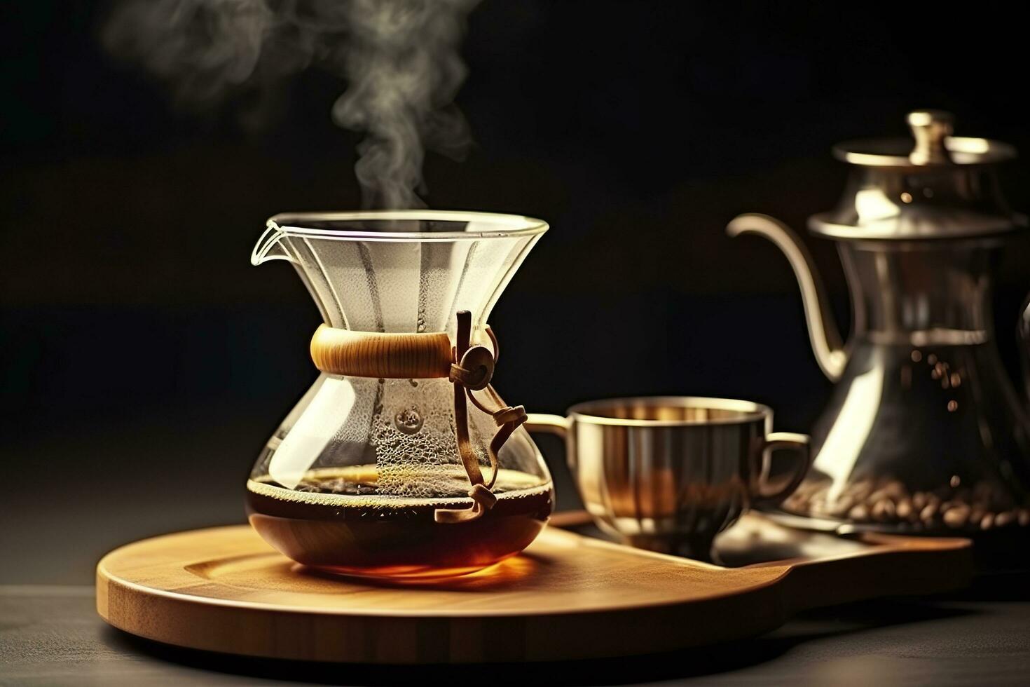 An alternative coffee brewing method is pure over, a glass teapot on a wooden tray. Generative AI photo