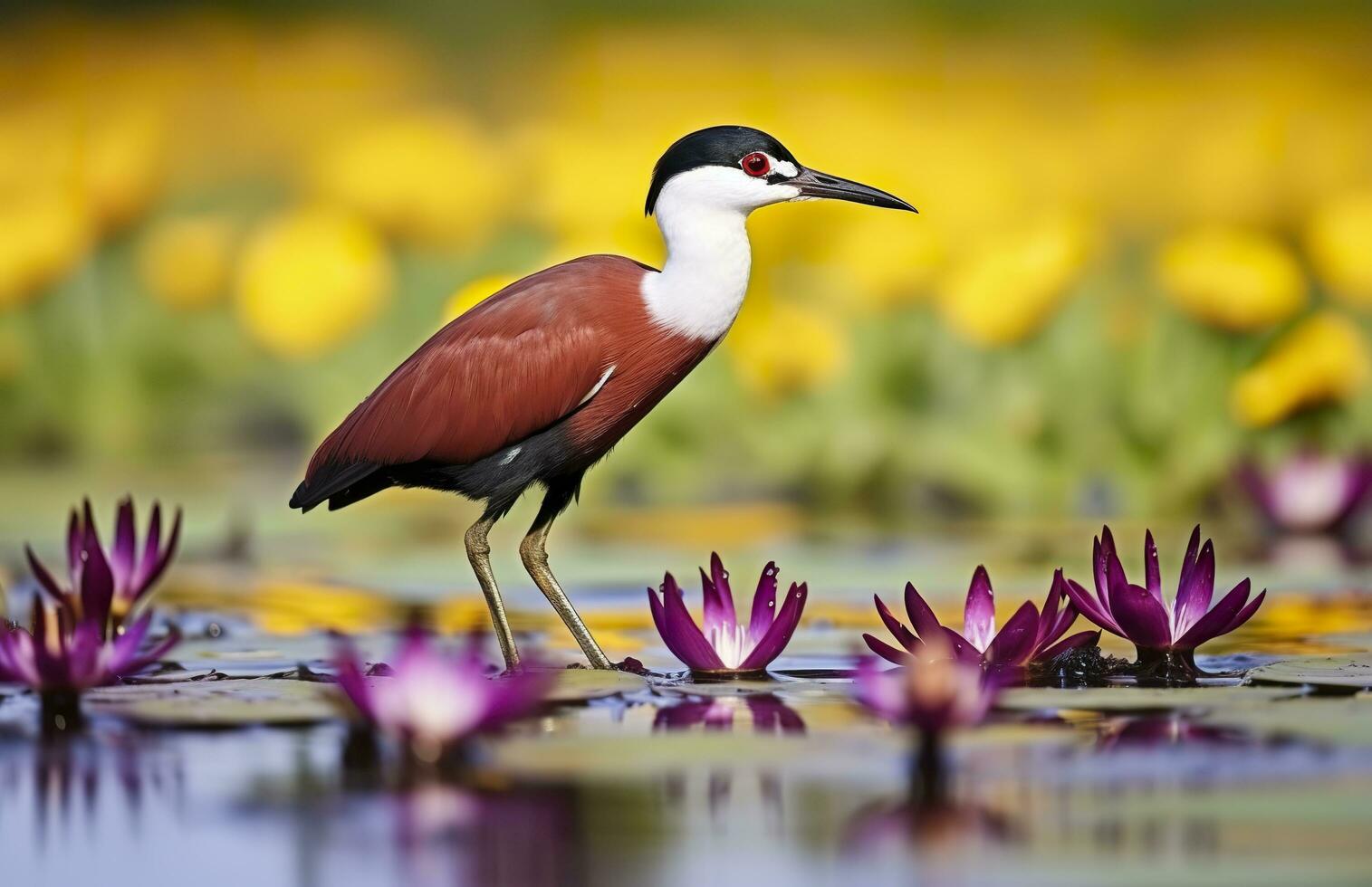 Colorful African wader with long toes next to violet water lily in water. Generative AI photo