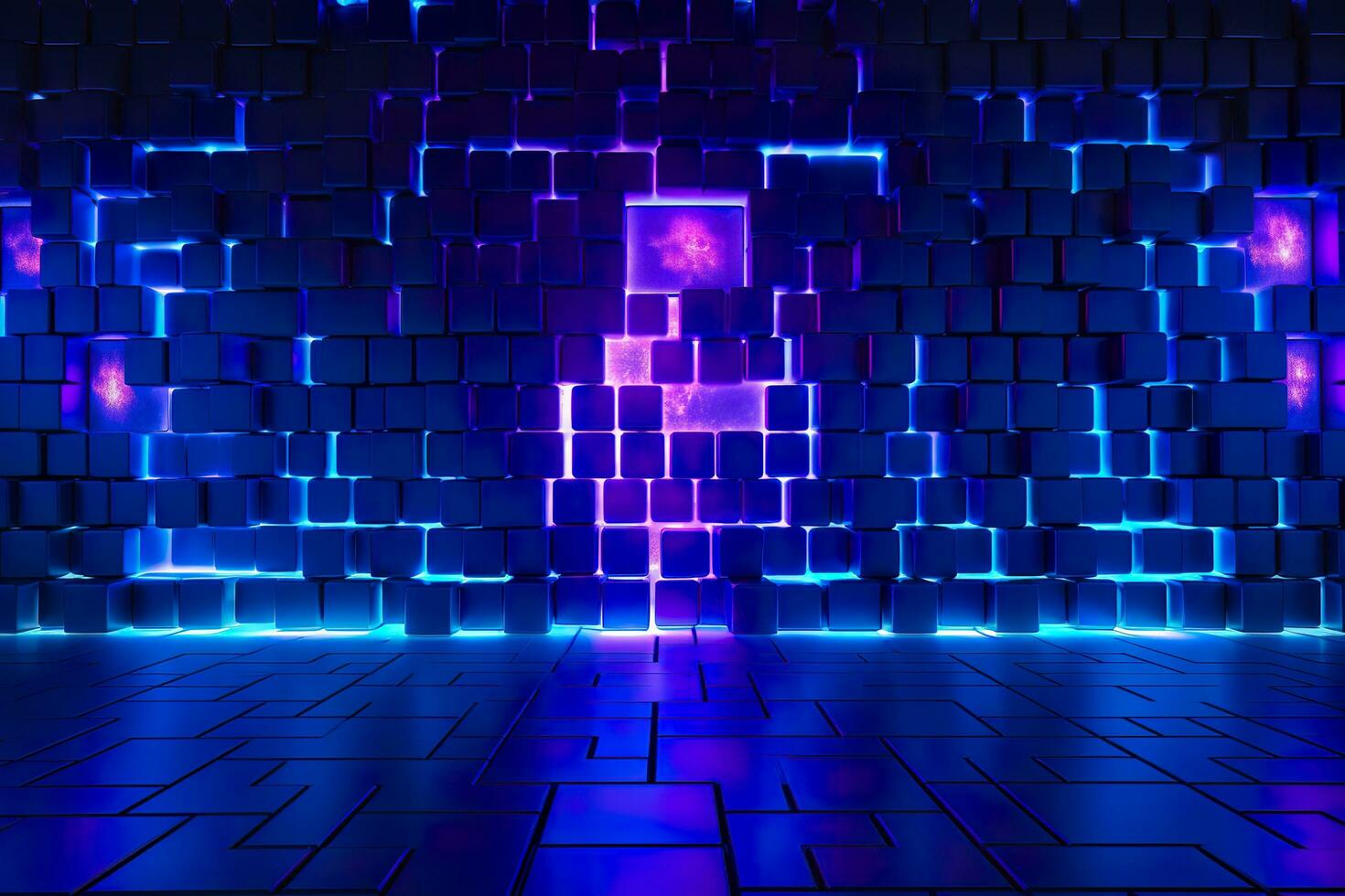 blue and purple lighted panels on a wall. generative AI photo