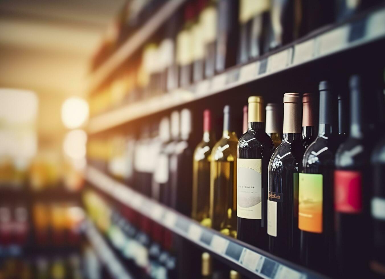 Abstract blur wine bottles on liquor alcohol shelves in supermarket store background. Generative AI photo