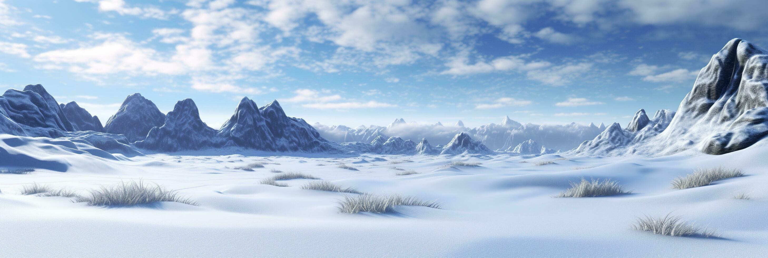 vasto desolado nieve tierra, grande montañas en el fondo, nevada con ligero azul cielo y ligero azul colores, pacífico atmósfera, ai generativo foto