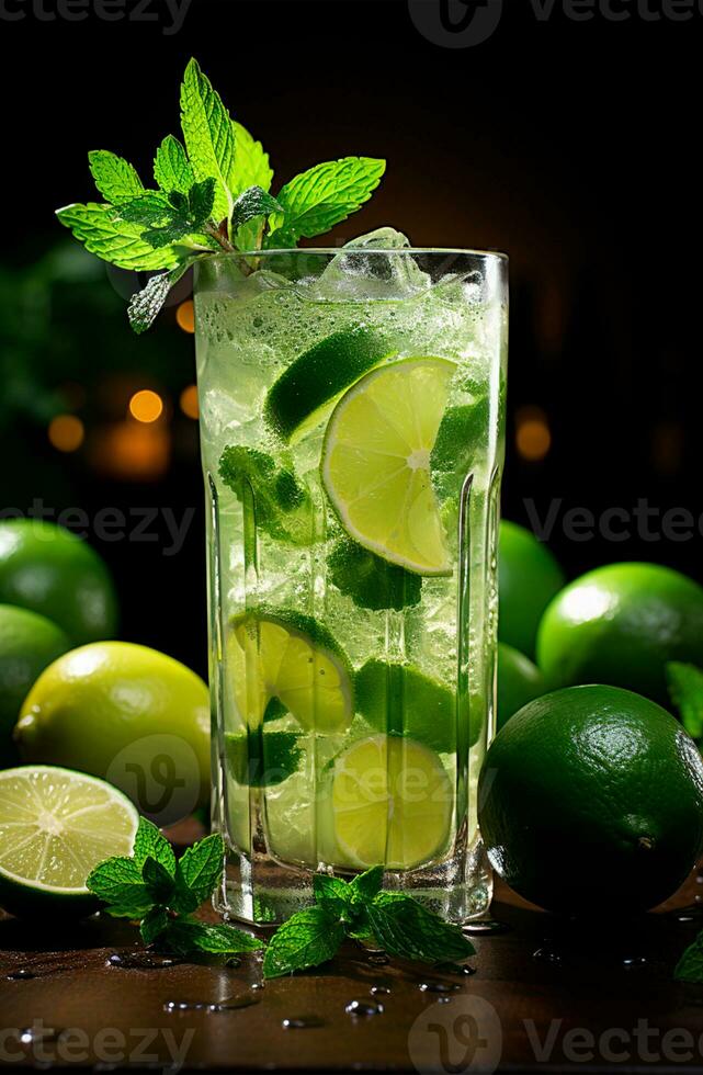 Mojito with fresh mint leaves and lime on crushed ice, on a black background - AI generated image photo