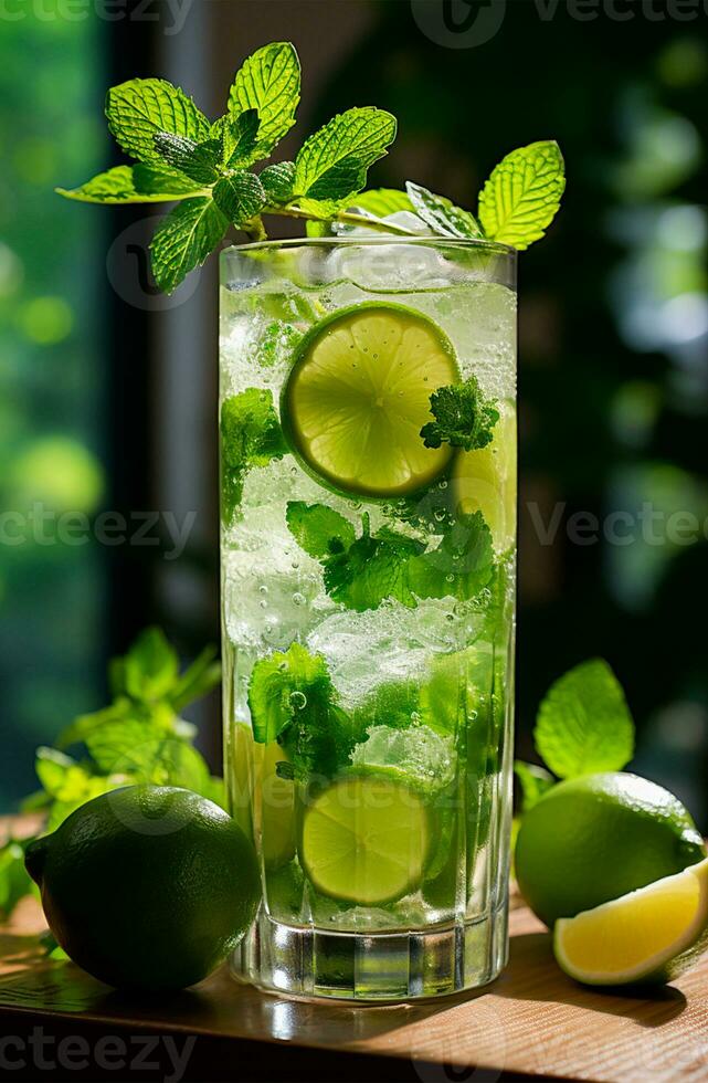 Mojito with fresh mint leaves and lime on crushed ice, on a black background - AI generated image photo