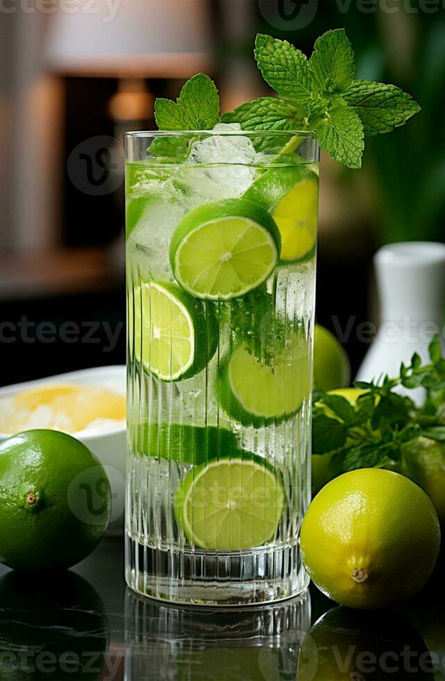 Mojito with fresh mint leaves and lime on crushed ice, on a black background - AI generated image photo