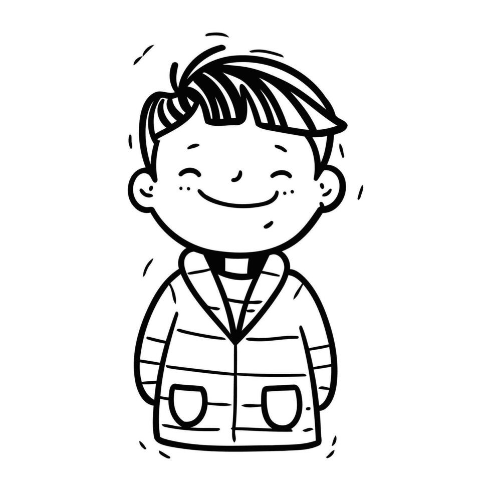 Black and White Cartoon Illustration of a Cute Boy Smiling vector