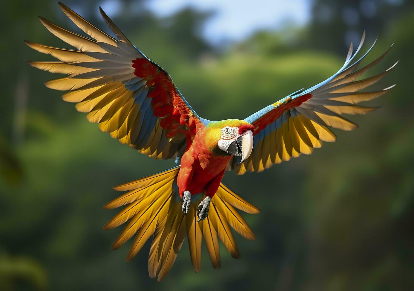 Flying macaw, beautiful bird. Generative AI photo