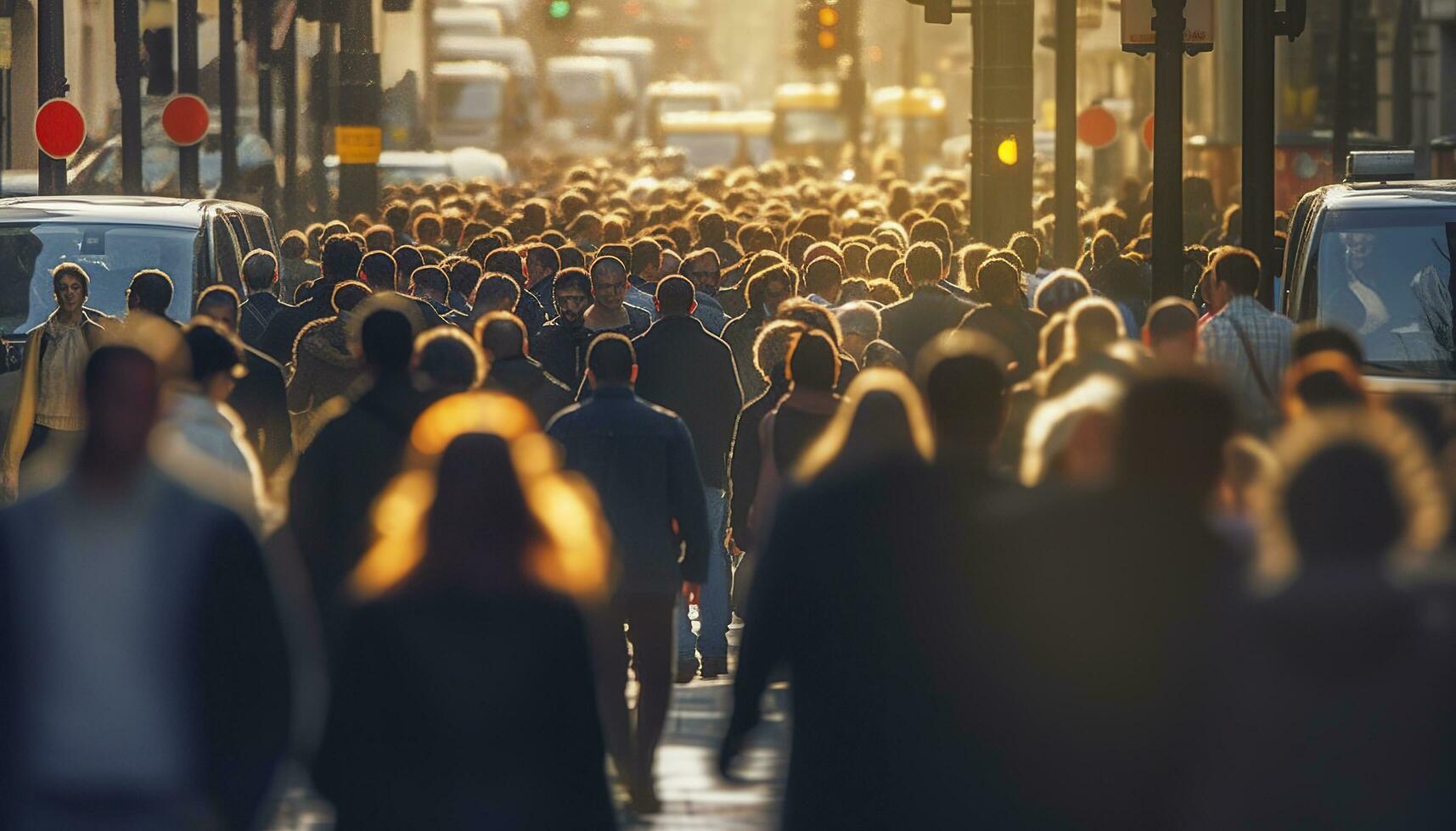 Crowd of people walking busy city street backlit. Generative AI photo