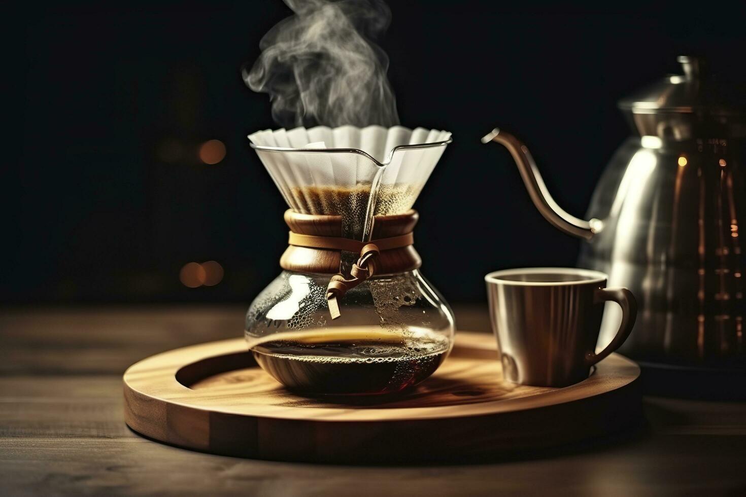 An alternative coffee brewing method is pure over, a glass teapot on a wooden tray. Generative AI photo