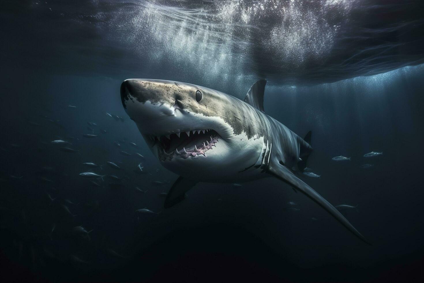 The King of the Ocean, The Great White male shark Hunter underwater view, Guadalupe island, Mexico. AI Generative photo