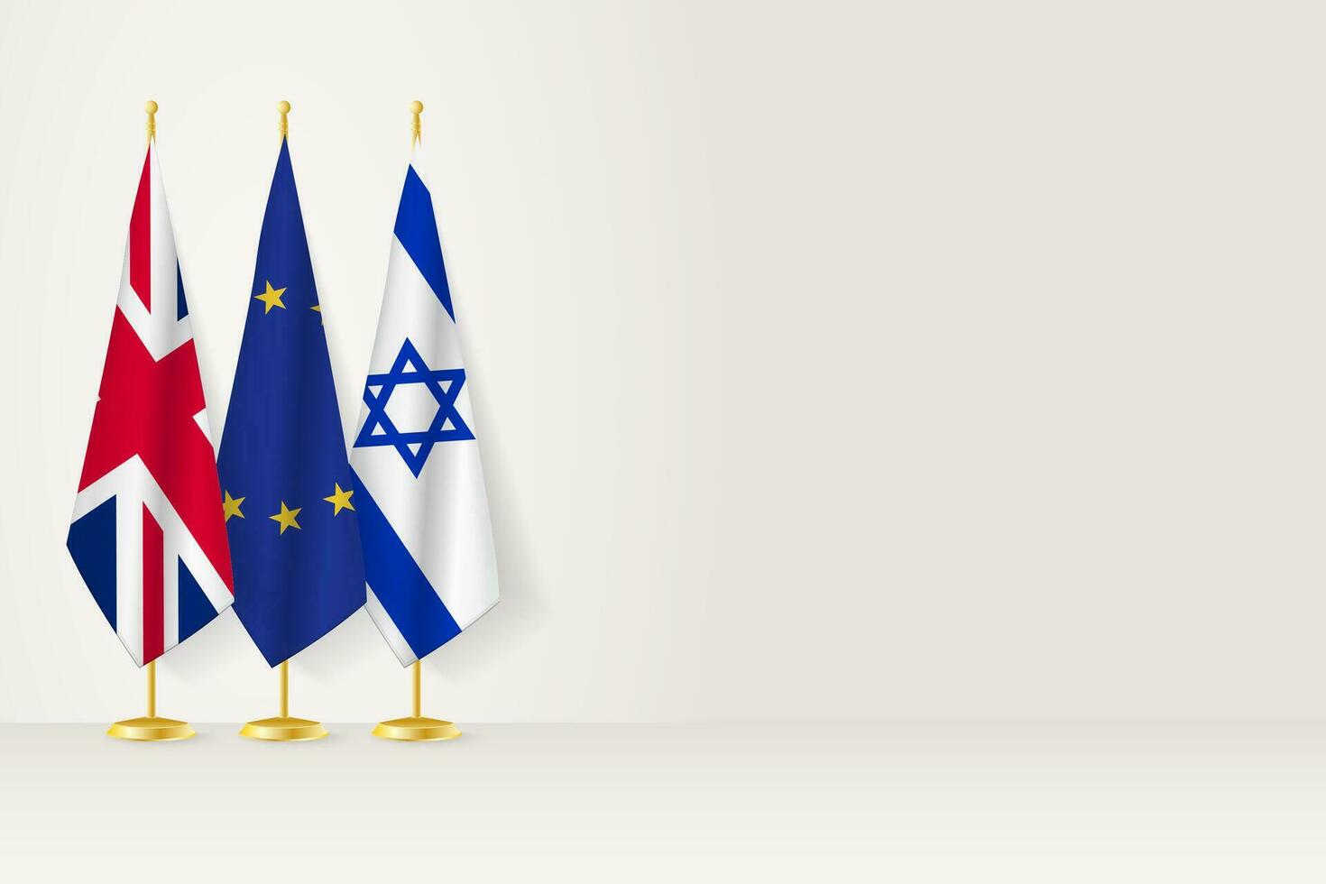 Flags of United Kingdom, European Union and Israel stand in row on indoor flagpole. vector