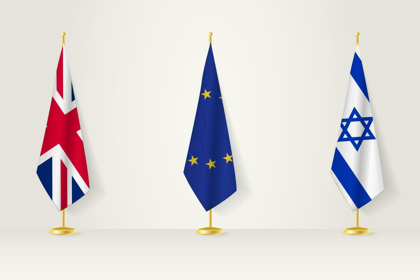 político reunión de gobiernos banderas de unido Reino, europeo Unión y Israel. vector