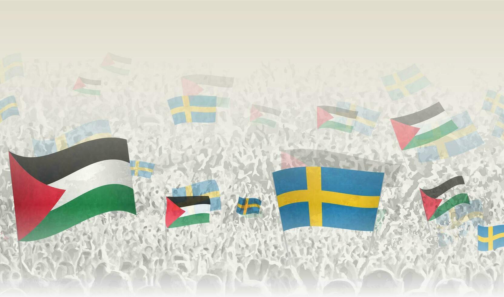 Palestine and Sweden flags in a crowd of cheering people. vector