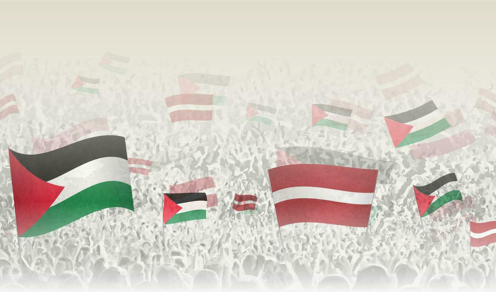 Palestine and Latvia flags in a crowd of cheering people. vector