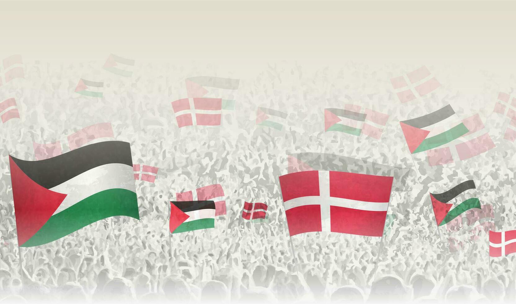 Palestine and Denmark flags in a crowd of cheering people. vector