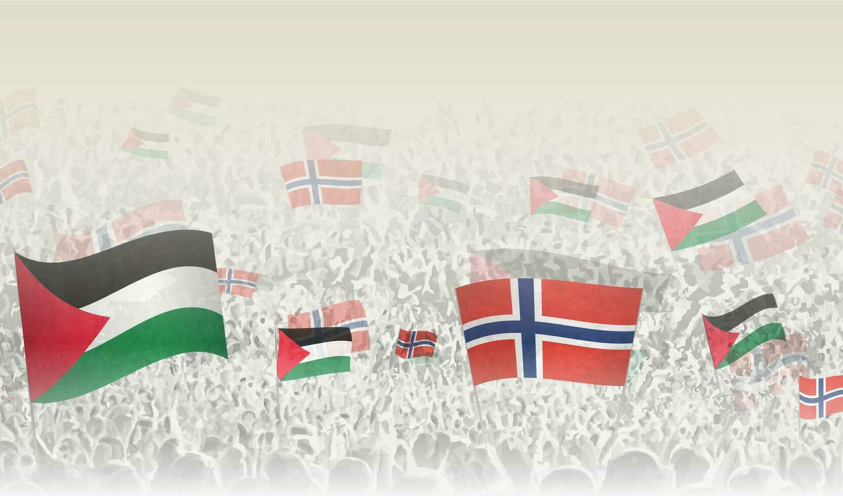 Palestine and Norway flags in a crowd of cheering people. vector
