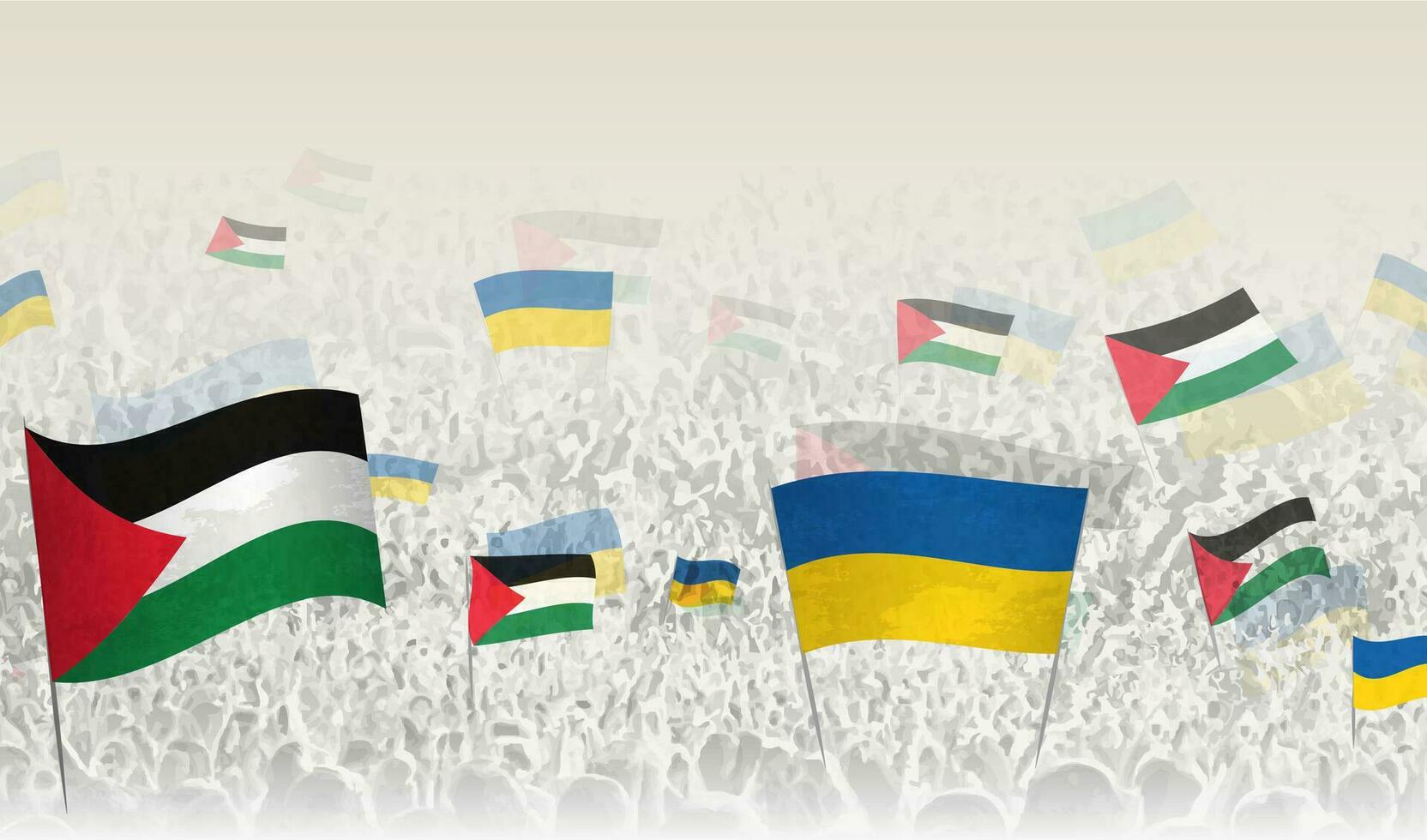 Palestine and Ukraine flags in a crowd of cheering people. vector