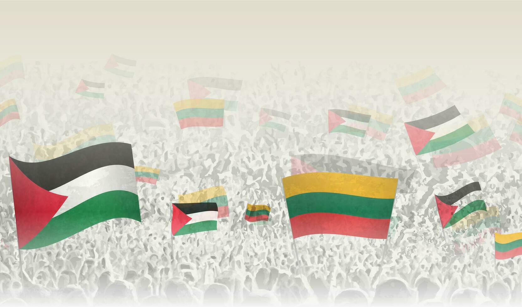 Palestine and Lithuania flags in a crowd of cheering people. vector
