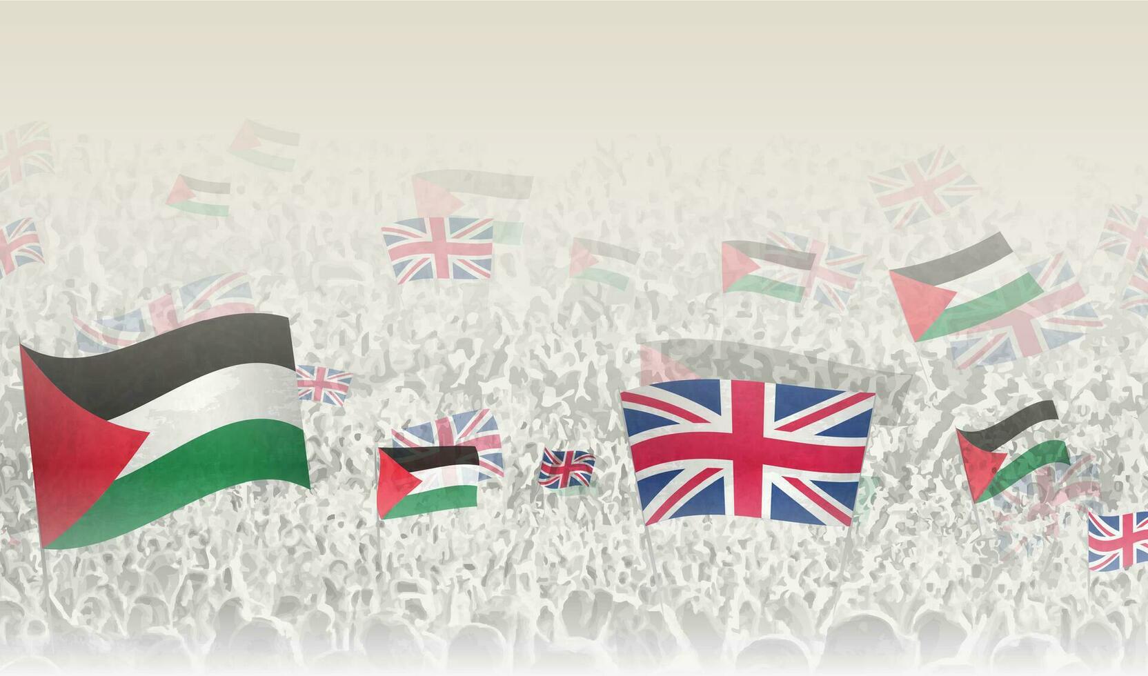 Palestine and United Kingdom flags in a crowd of cheering people. vector