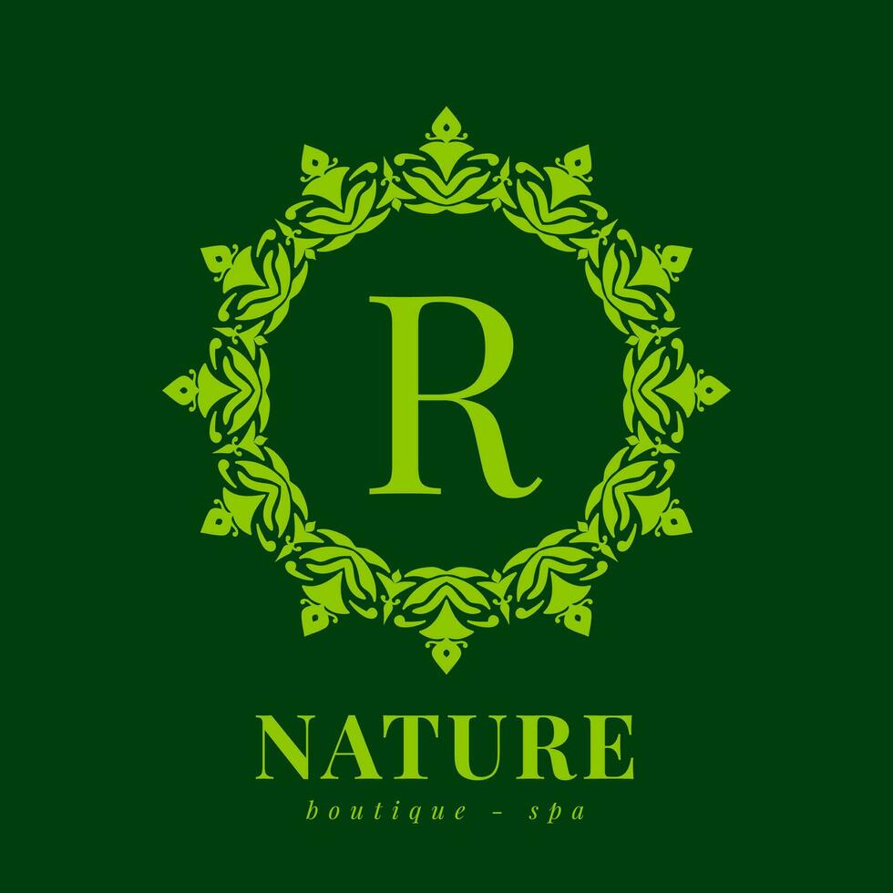 letter R nature border wreath initial logo for boutique spa and beauty wellness vector