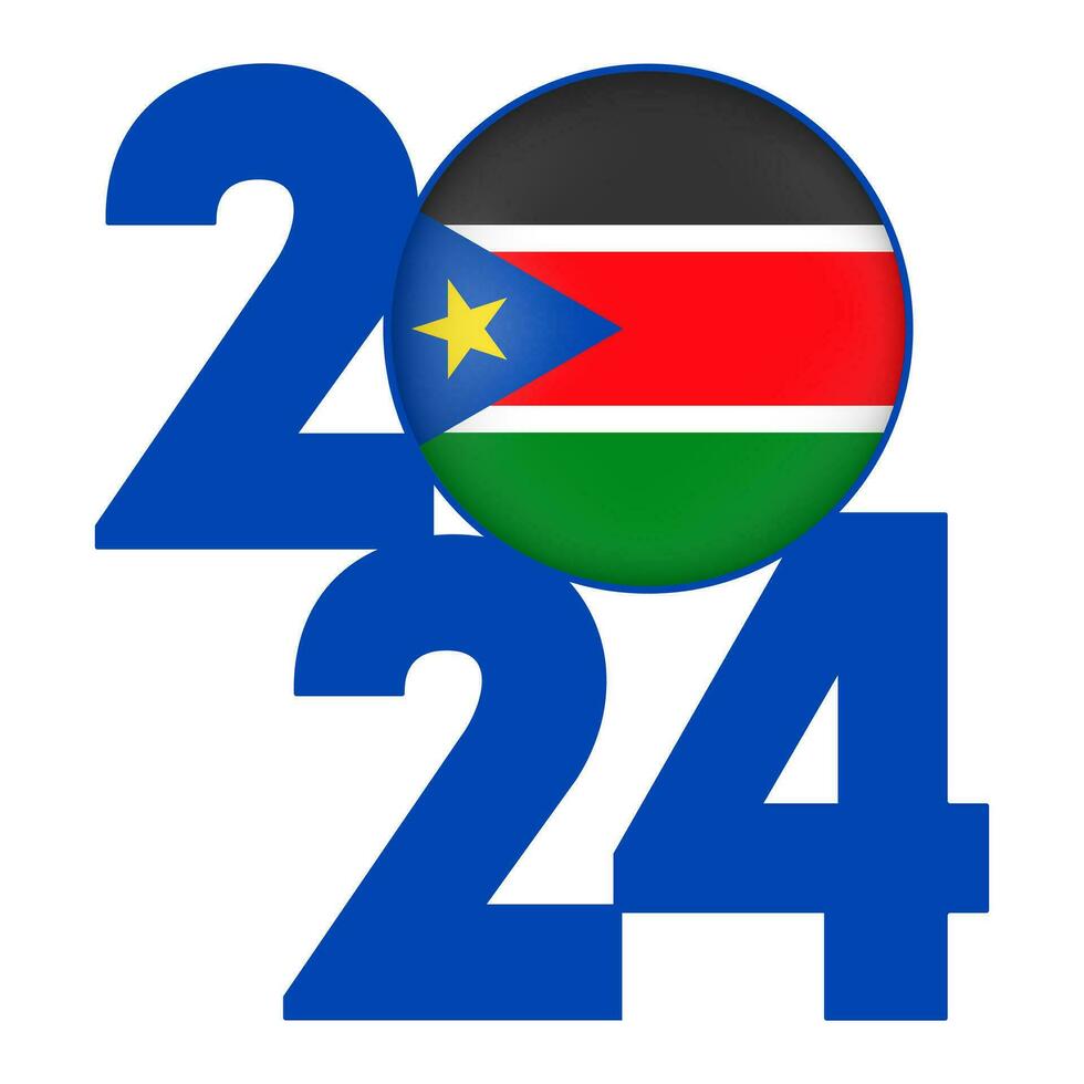 Happy New Year 2024 banner with South Sudan flag inside. Vector illustration.