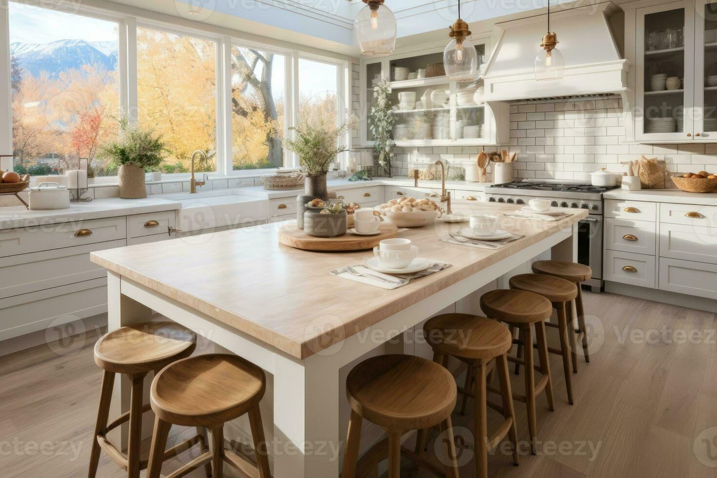 white modern kitchen decorated for fall AI Generated photo