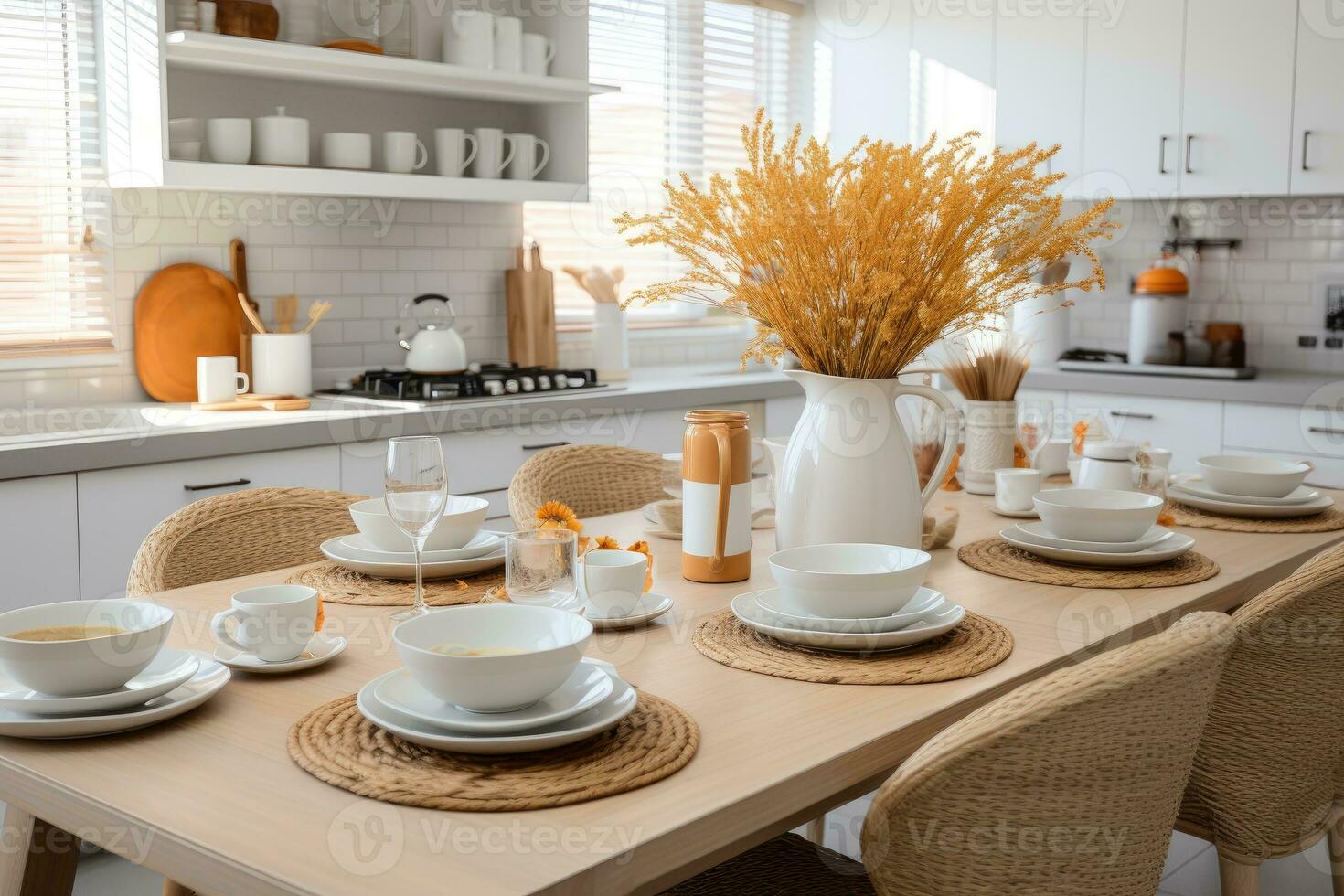 white modern kitchen decorated for fall AI Generated photo