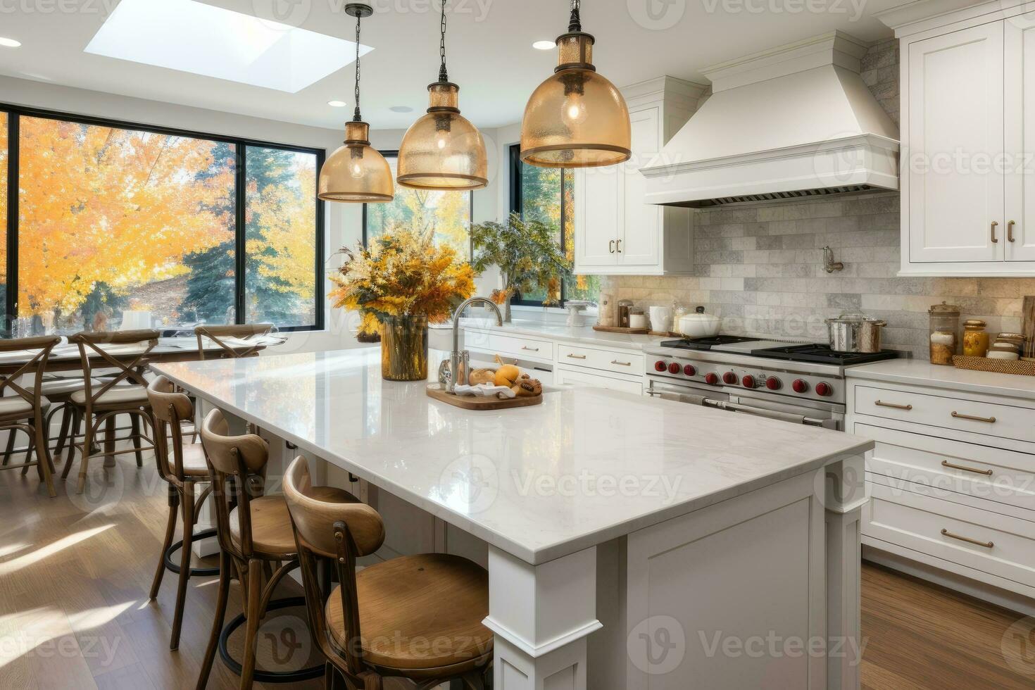 white modern kitchen decorated for fall AI Generated photo