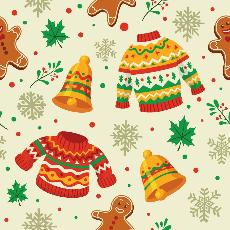 Christmas Seamless Pattern with Ugly Sweater, Bells, Snowflakes and Gingerbread vector