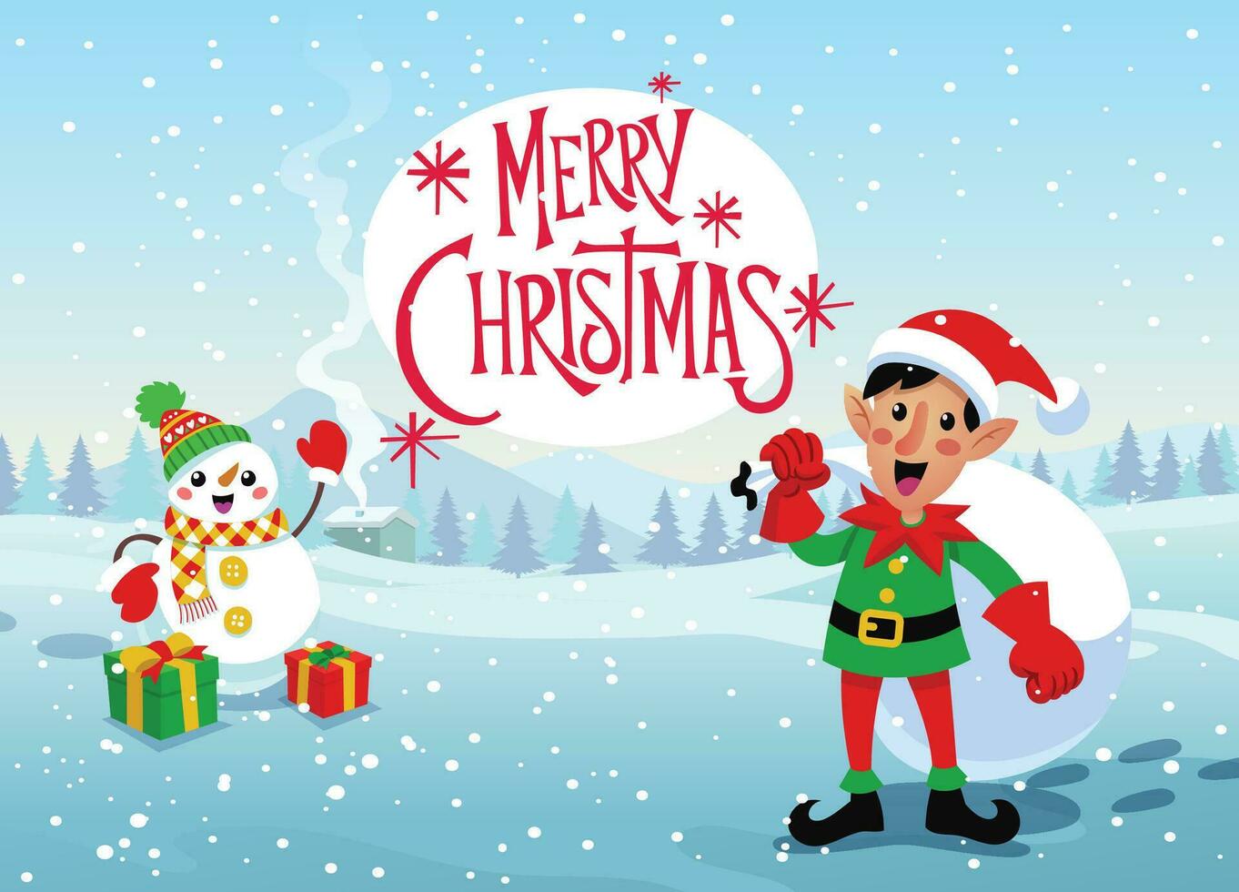 Happy Elf and Snowman Winter Background vector