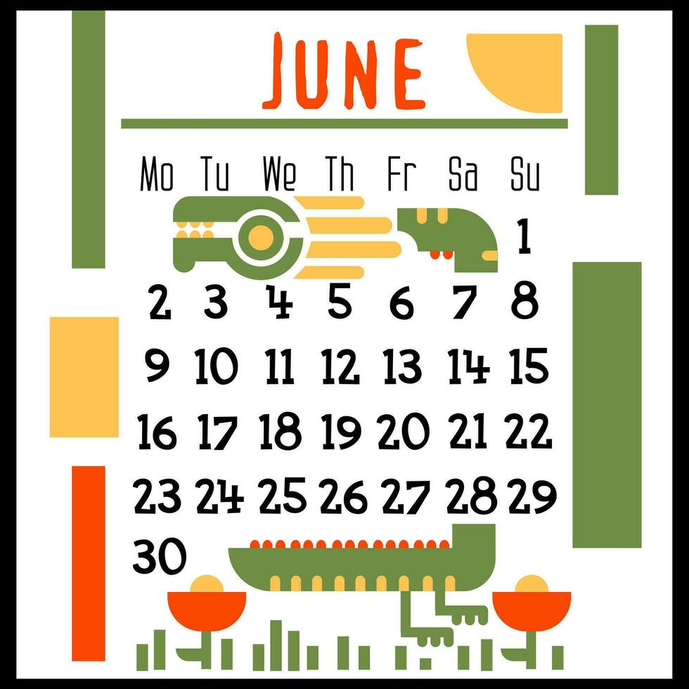 A square calendar page for June 2024 with a green geometric dragon. Isolated on a white background. The symbol of the year of the dragon. The dragon basks in the sun. Vector illustration. Colour