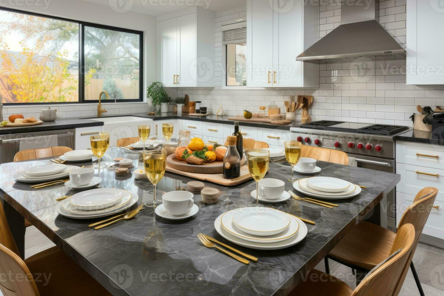 white modern kitchen decorated for fall AI Generated photo