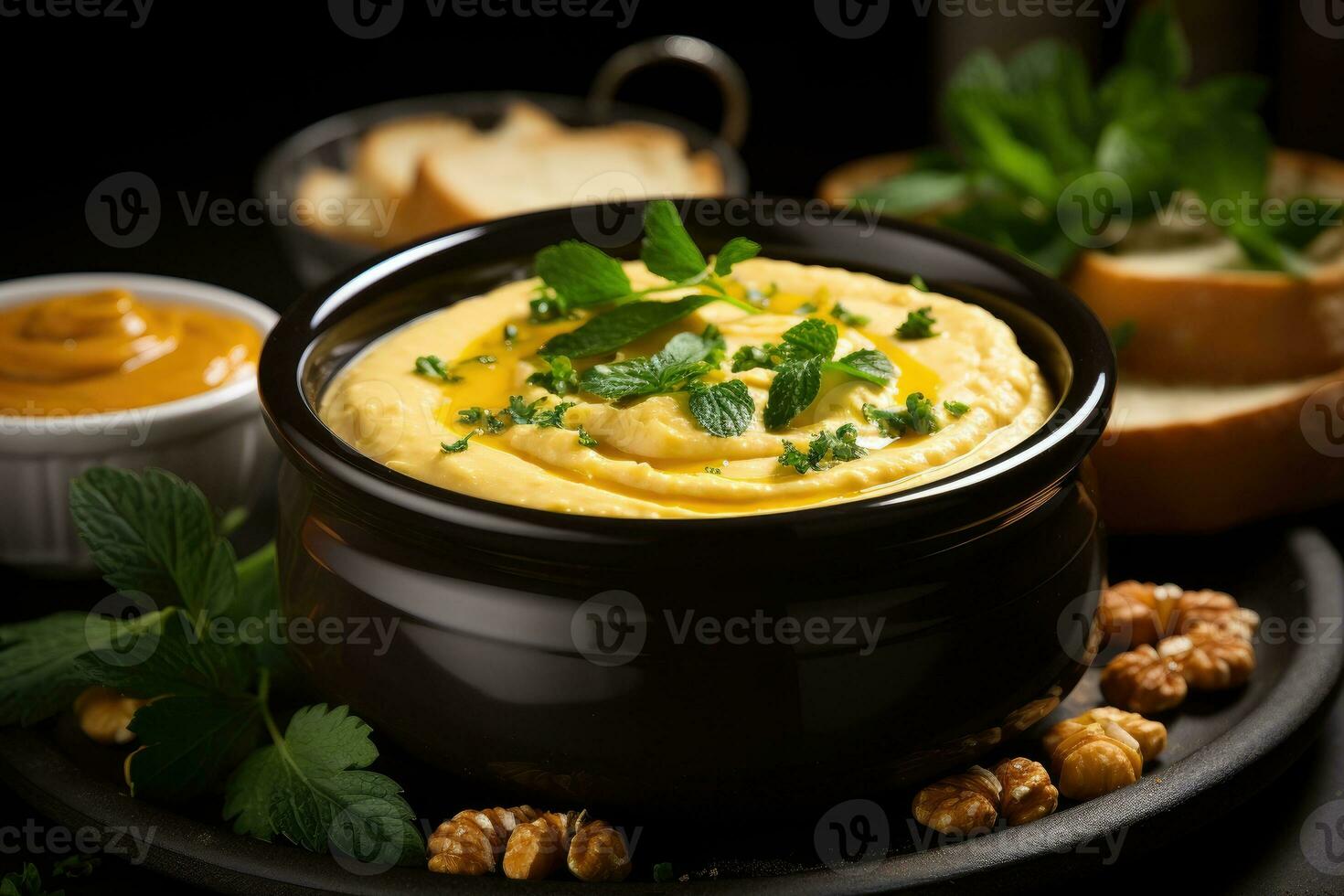vegan pumpkin puree soup ready to serve in the kitchen table AI Generated photo