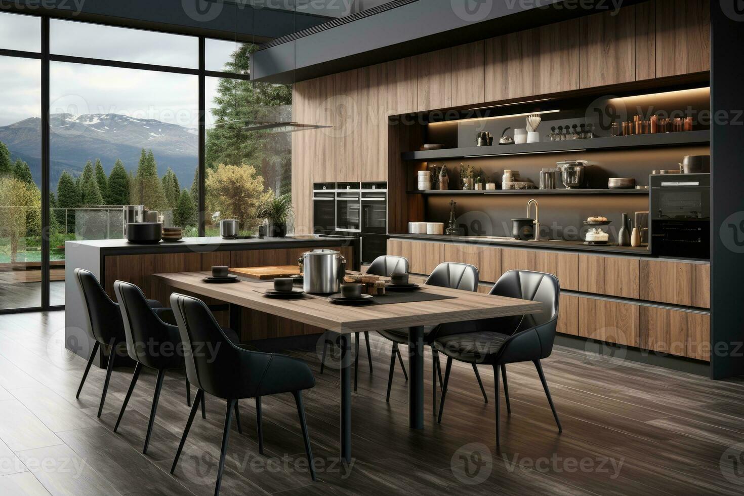 moderno cocina decorado madera y negro tema ai generado foto