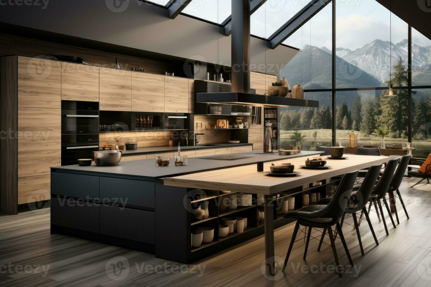 moderno cocina decorado madera y negro tema ai generado foto