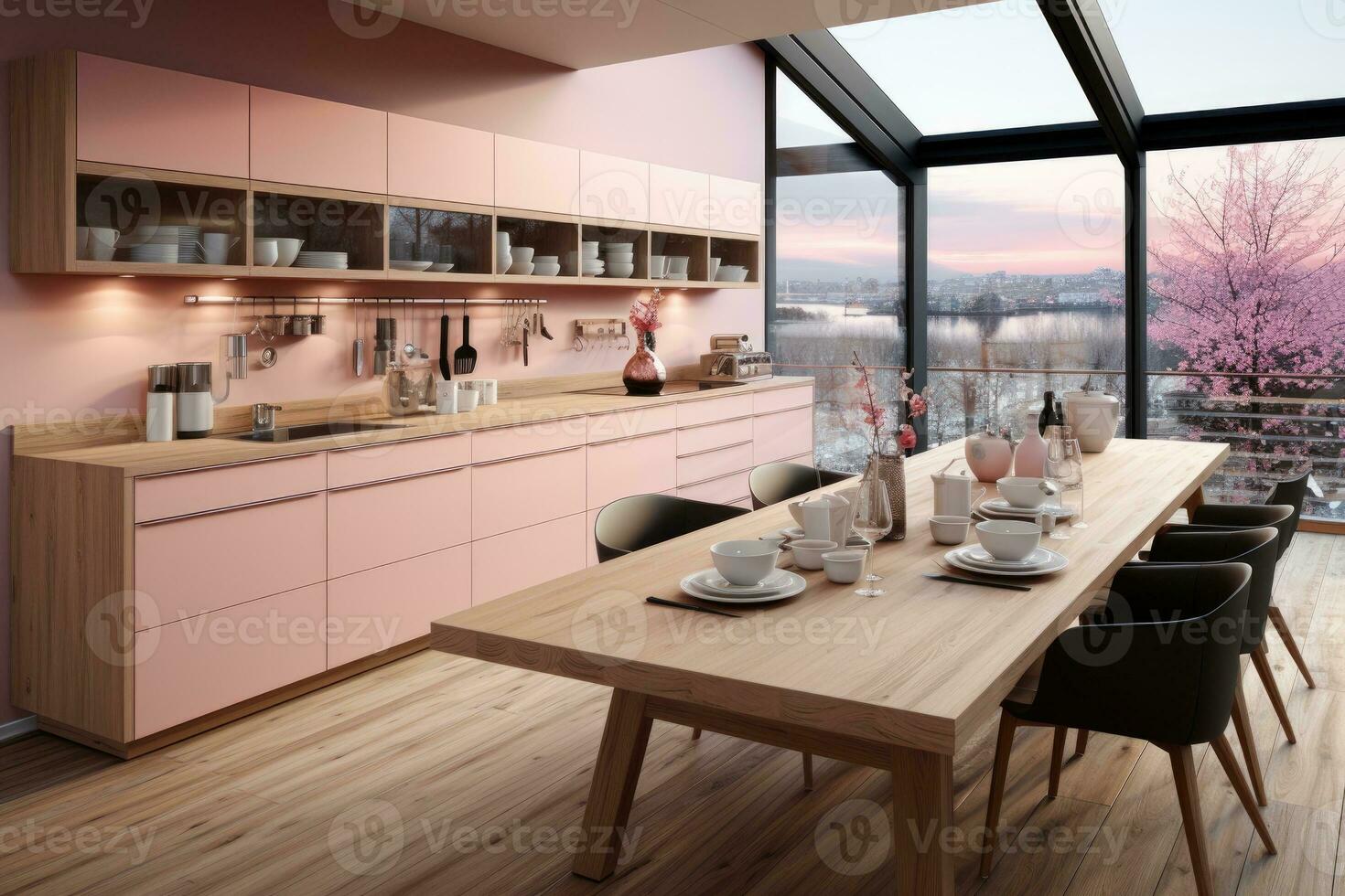 moderno cocina decorado madera y rosado tema ai generado foto