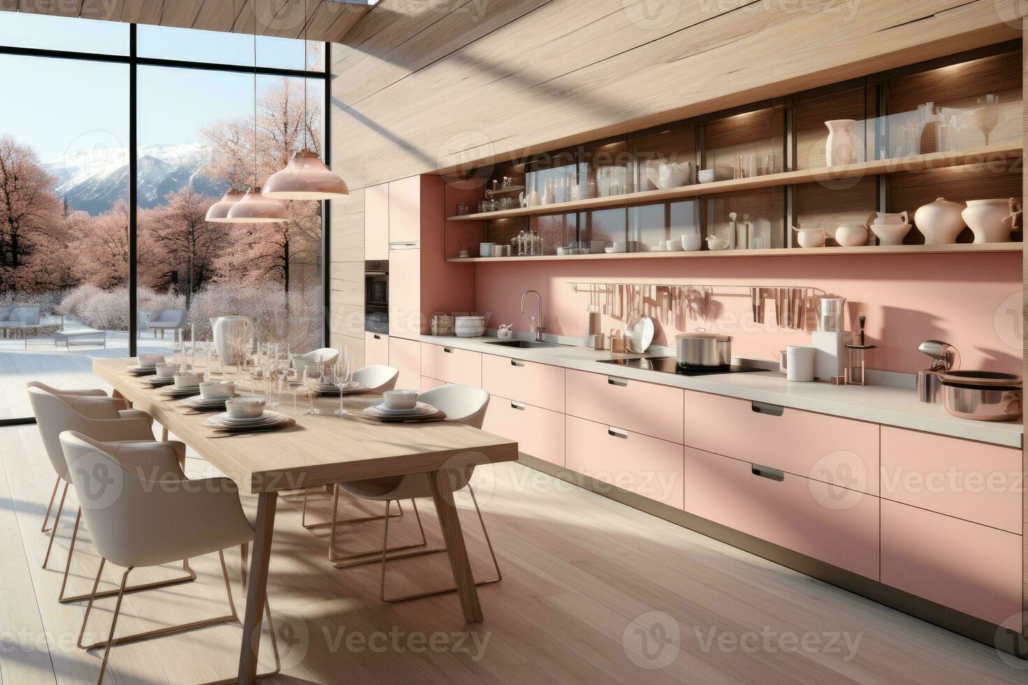 moderno cocina decorado madera y rosado tema ai generado foto