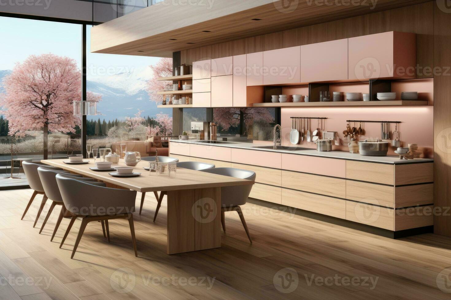 moderno cocina decorado madera y rosado tema ai generado foto