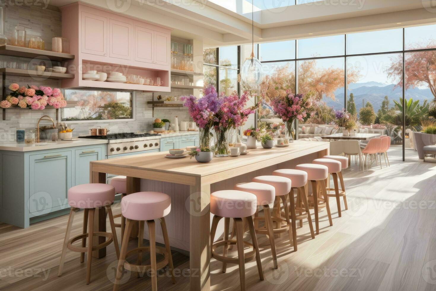 modern kitchen decorated for fall pastel color theme AI Generated photo