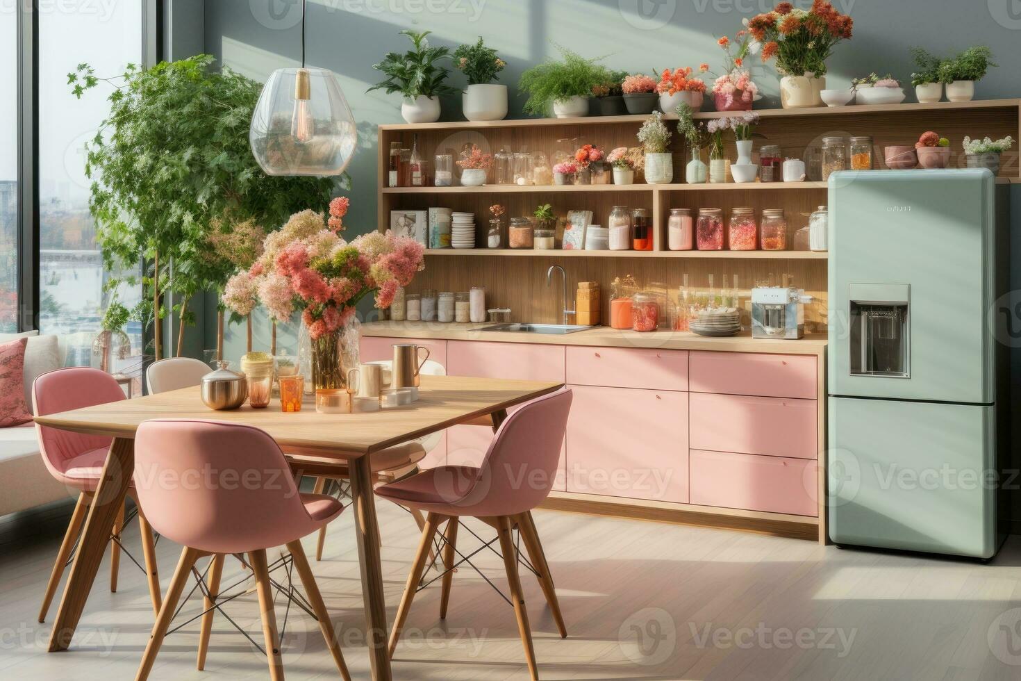 modern kitchen decorated for fall pastel color theme AI Generated photo