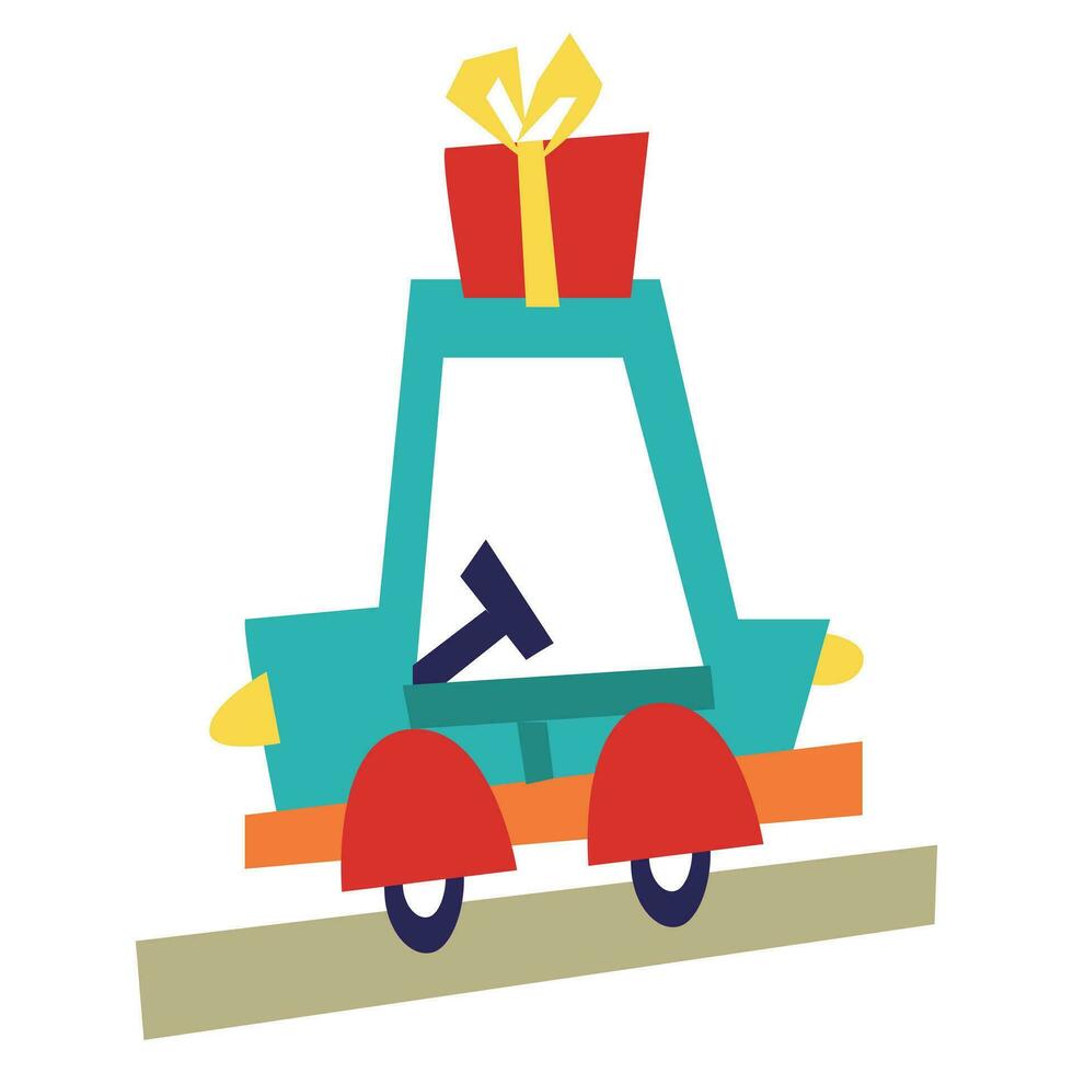 A blue little flattened car is carrying a Christmas present for Christmas and New Year on the road. Isolated children's geometric vector illustration for a holiday on a white background