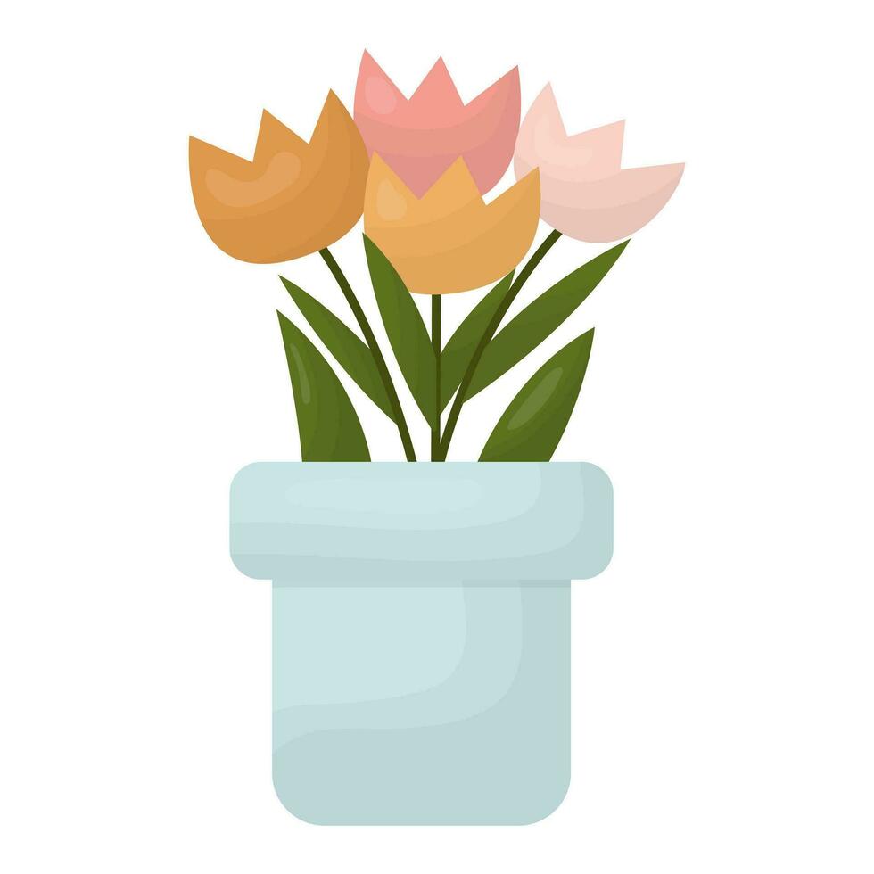 A pot of flowers, with tulips. Vector illustration on a white background.