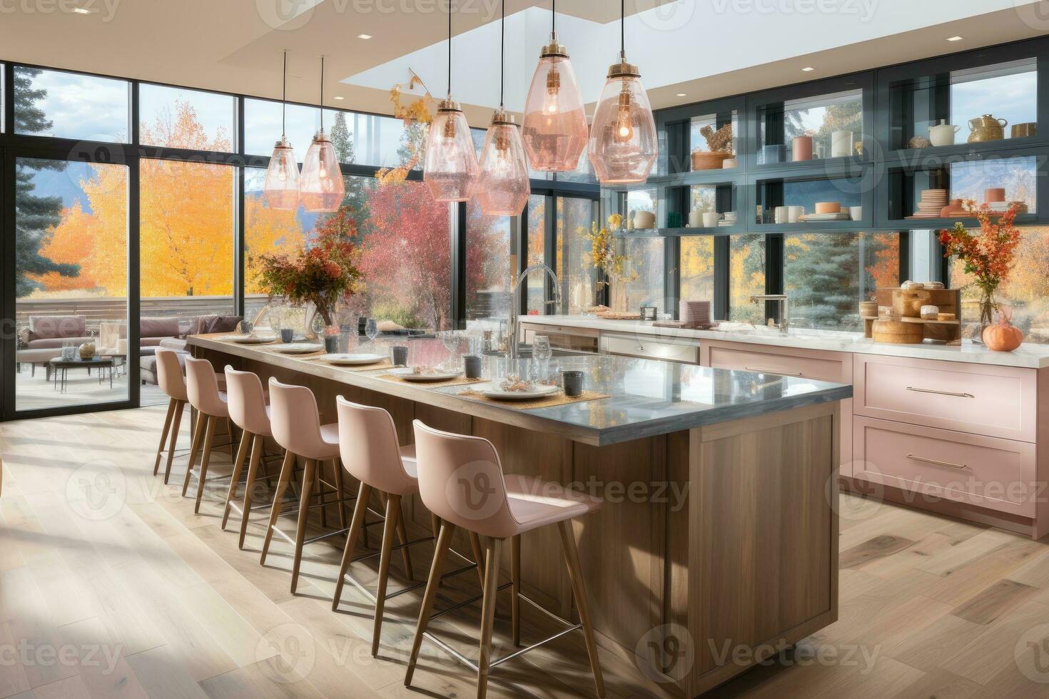 modern kitchen decorated for fall pastel color theme AI Generated photo