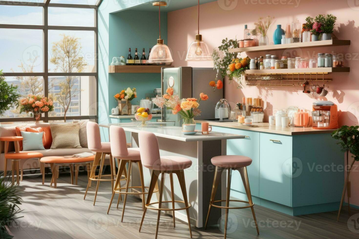 modern kitchen decorated for fall pastel color theme AI Generated photo