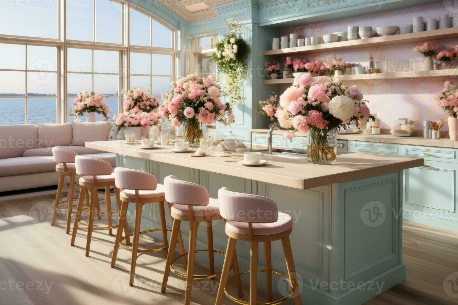 modern kitchen decorated for fall pastel color theme AI Generated photo