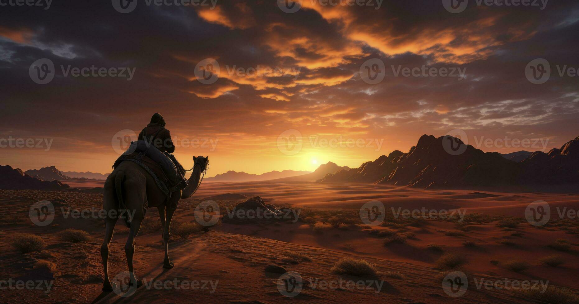 Traversing the Arid Expanse - A lone traveler on a camel crossing a vast and arid desert landscape with a fiery sunset in the background. Generative AI photo