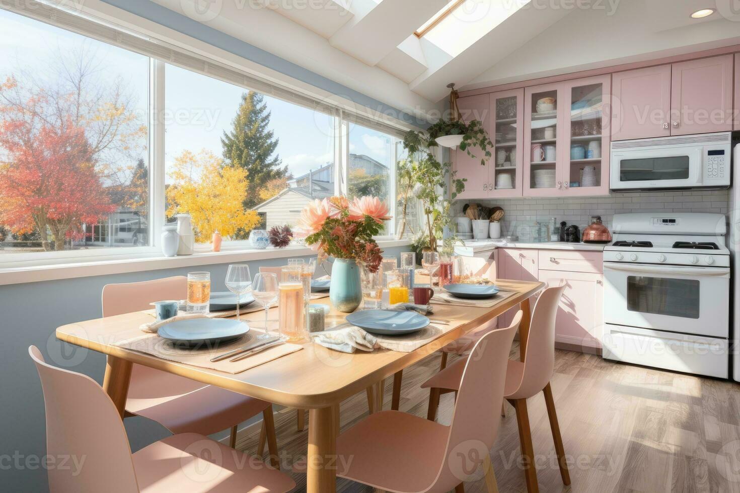 modern kitchen decorated for fall pastel color theme AI Generated photo